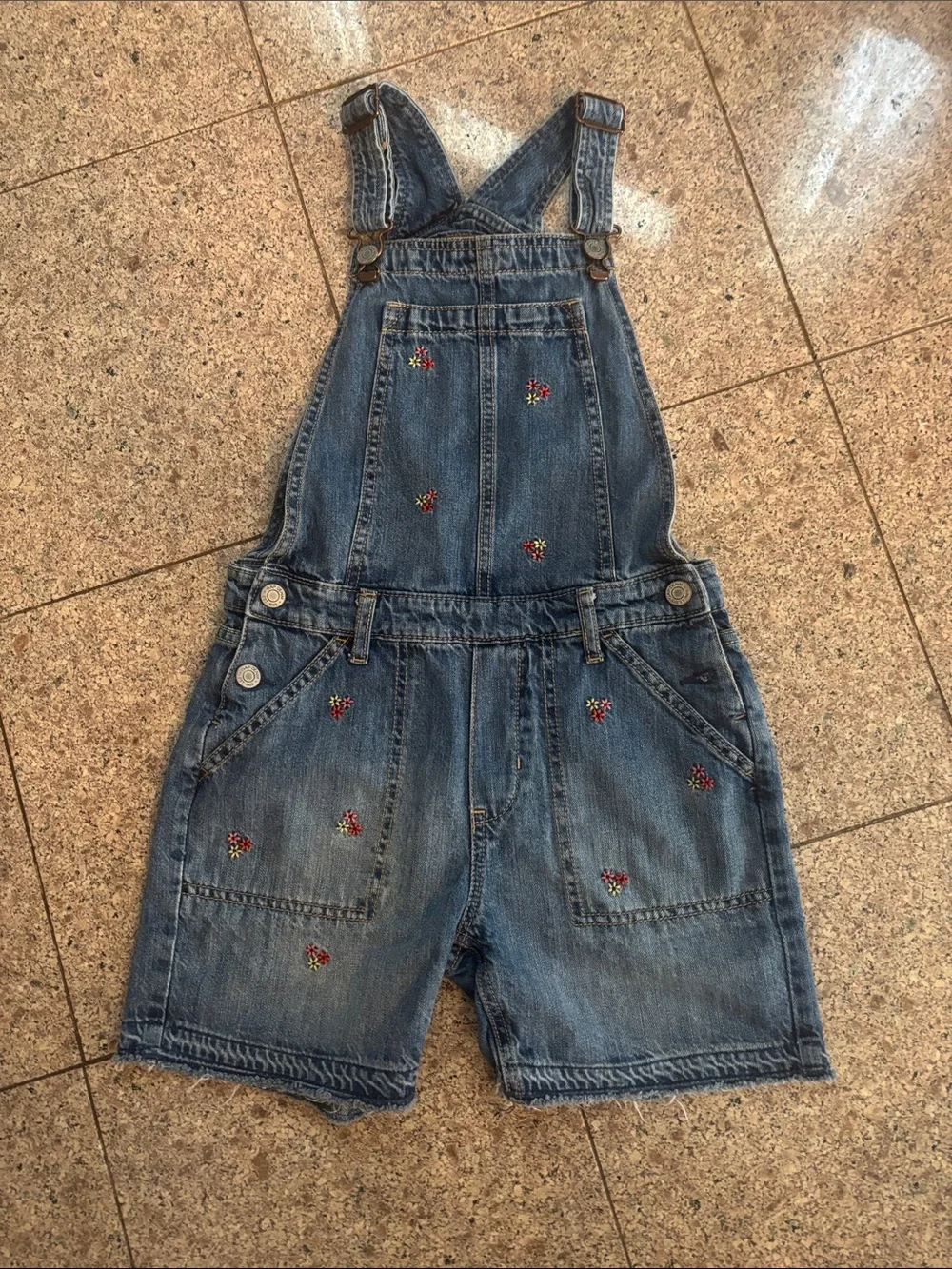 GAP Blue Denim Short Overalls with Floral Embroidery